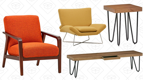 Rivet Hairpin Wood and Metal Short 15.7" Console Table | $90 | Amazon Rivet Hairpin Wood and Metal End Table | $60 | AmazonRivet Farr Lotus Accent Chair | $467 | AmazonRivet Huxley Mid-Century Accent Chair, Burnt Orange | $399 | Amazon